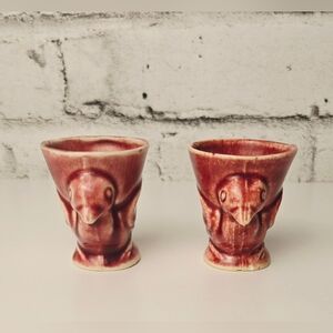 Vintage Bird Egg Cups Red Drip Glaze Ceramic Figural Set of 2